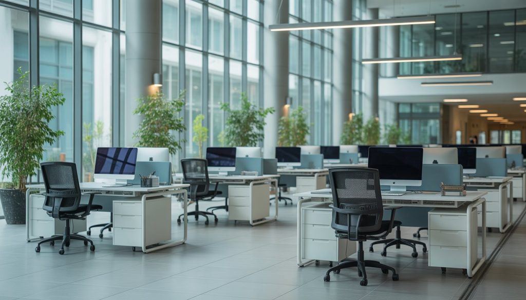 Empty modern office lobby and open-plan workspace with desks and chairs but no people present.