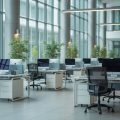 Empty modern office lobby and open-plan workspace with desks and chairs but no people present.