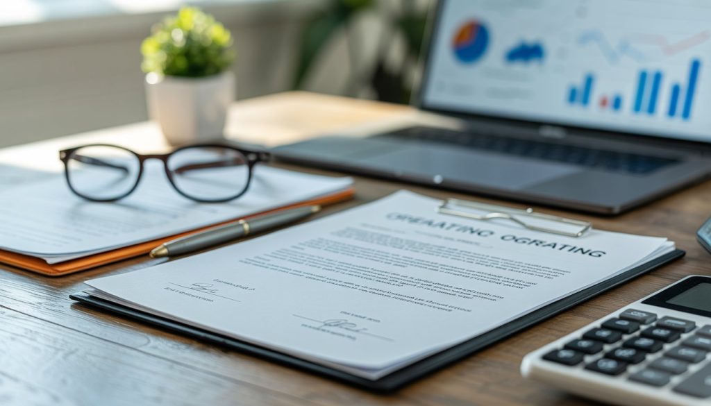 Close-up of a desk with real estate contract documents, eyeglasses, pen, calculator, and a laptop showing property investment charts.