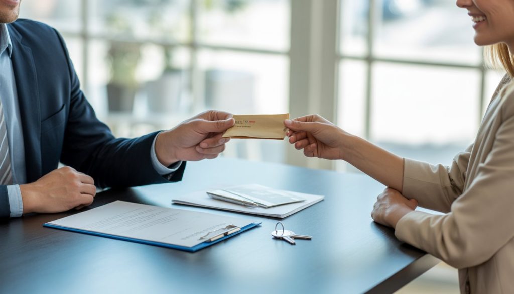 Two people exchanging a small envelope over a desk with real estate documents and house keys, symbolizing a real estate option fee payment.