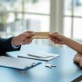 Two people exchanging a small envelope over a desk with real estate documents and house keys, symbolizing a real estate option fee payment.