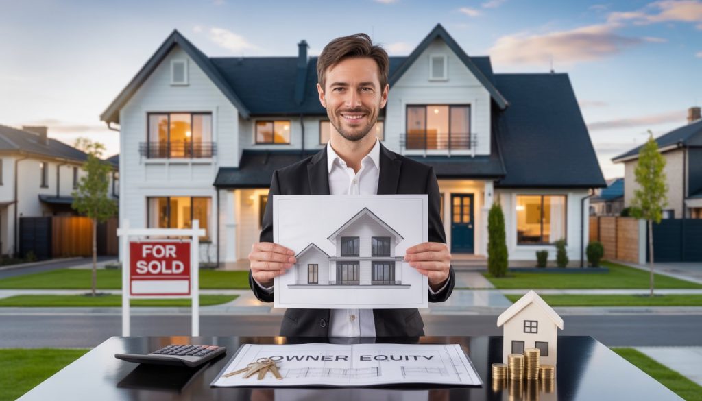 A person standing in front of a modern house holding blueprints and financial documents, with a sold sign in the yard and keys on a nearby table.