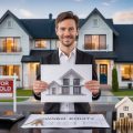 A person standing in front of a modern house holding blueprints and financial documents, with a sold sign in the yard and keys on a nearby table.