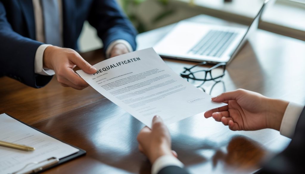 Two people exchanging a document across a desk in a professional office setting.