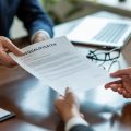 Two people exchanging a document across a desk in a professional office setting.