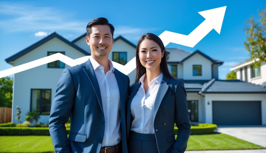 A real estate investing couple standing in front of a rental property they received multiple offers on immediately after listing.