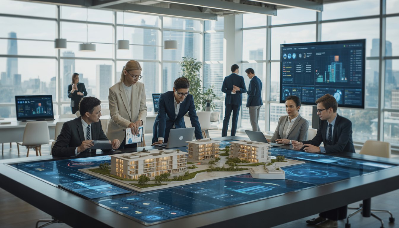 Professionals collaborating around a digital touchscreen table displaying 3D real estate models and data in a bright office with city views.