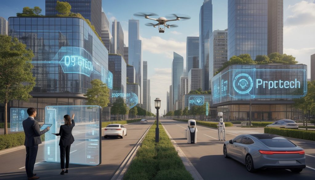 A modern city with futuristic buildings, people using advanced technology, drones flying, and electric vehicles on clean streets.