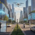 A modern city with futuristic buildings, people using advanced technology, drones flying, and electric vehicles on clean streets.