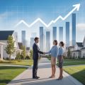 A group of happy homeowners and a real estate agent standing near a modern house with a subtle upward arrow symbolizing rising property values.