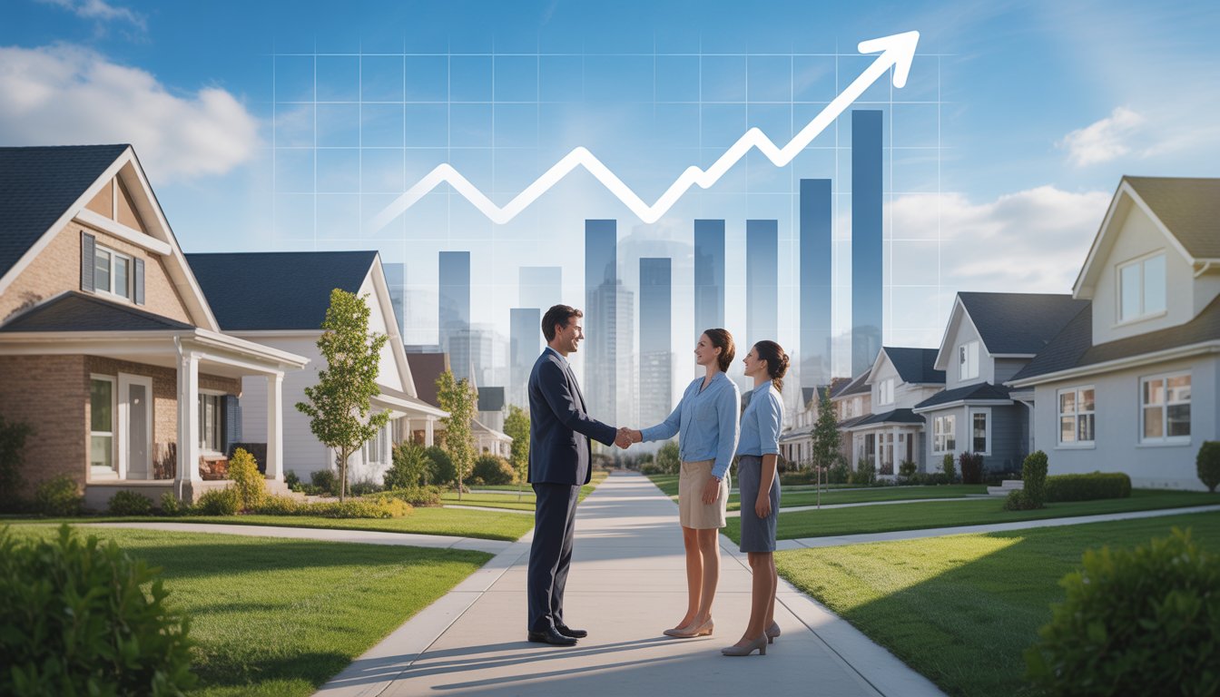 A group of happy homeowners and a real estate agent standing near a modern house with a subtle upward arrow symbolizing rising property values.