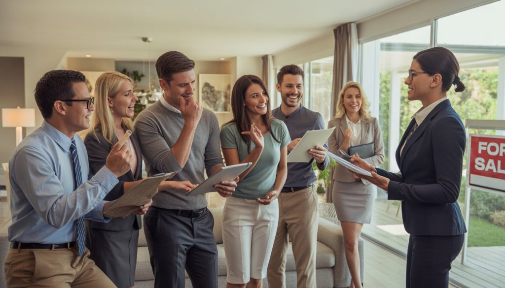A group of people in a house engaged in a competitive real estate bidding process with a real estate agent present.