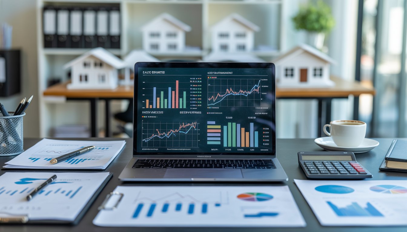 A modern office desk with a laptop showing financial charts, calculator, documents, and a cup of coffee in a real estate office setting.