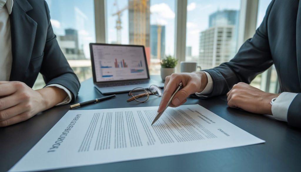 Two business professionals reviewing a real estate agreement document together at an office desk with a laptop and city buildings visible through the window.