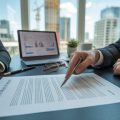 Two business professionals reviewing a real estate agreement document together at an office desk with a laptop and city buildings visible through the window.