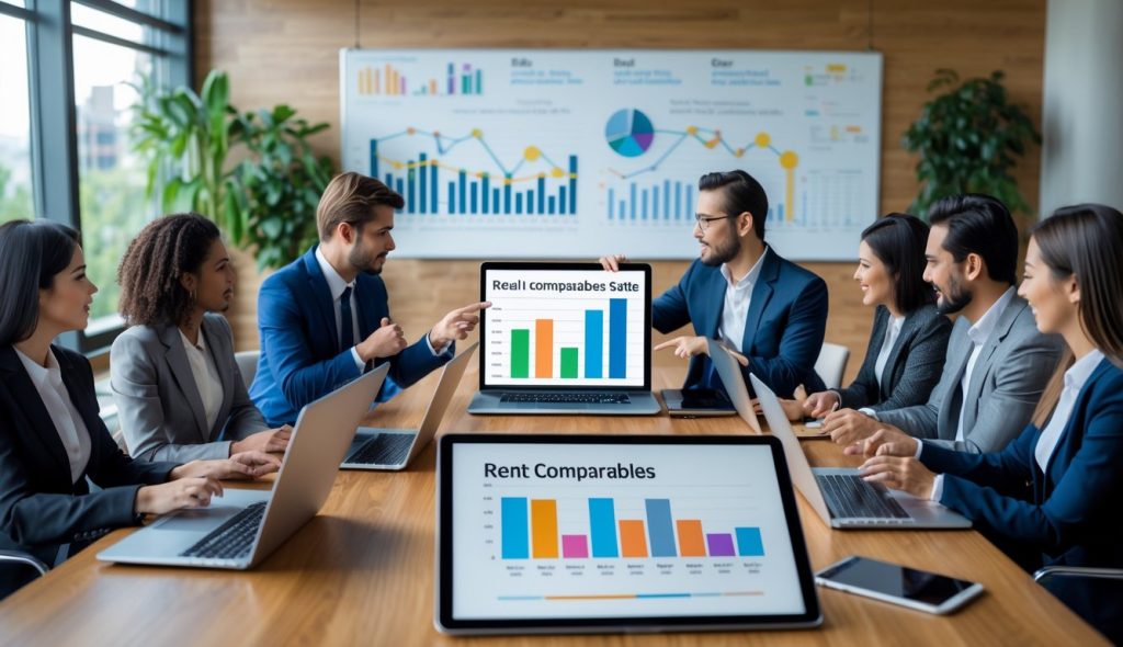 A group of professionals in an office analyzing rent price comparisons using laptops and a tablet around a conference table.