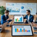 A group of professionals in an office analyzing rent price comparisons using laptops and a tablet around a conference table.