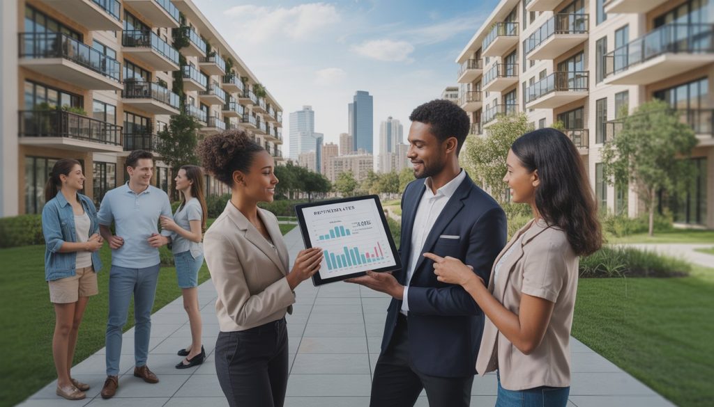 People discussing rental options outside a modern apartment building in a city setting.