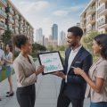 People discussing rental options outside a modern apartment building in a city setting.