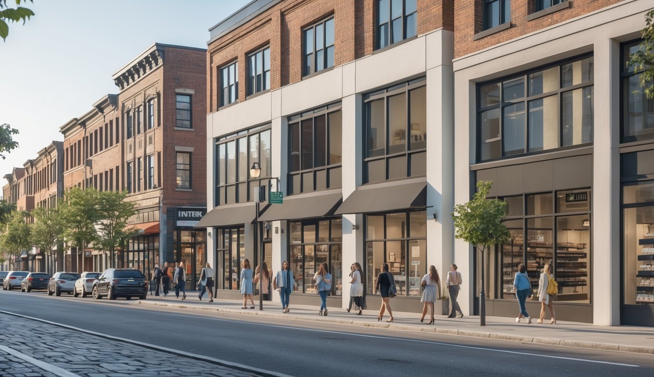 A city street with multiple commercial buildings and shops, pedestrians walking on the sidewalk, and parked cars along the road.