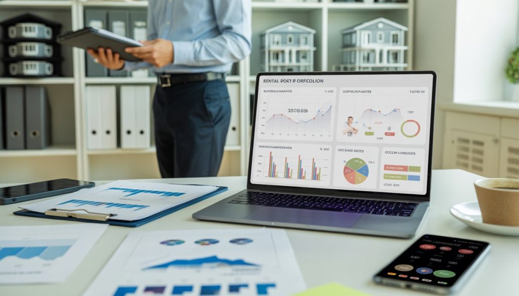 A person working at a desk with a laptop showing rental property charts and reports in an office setting.