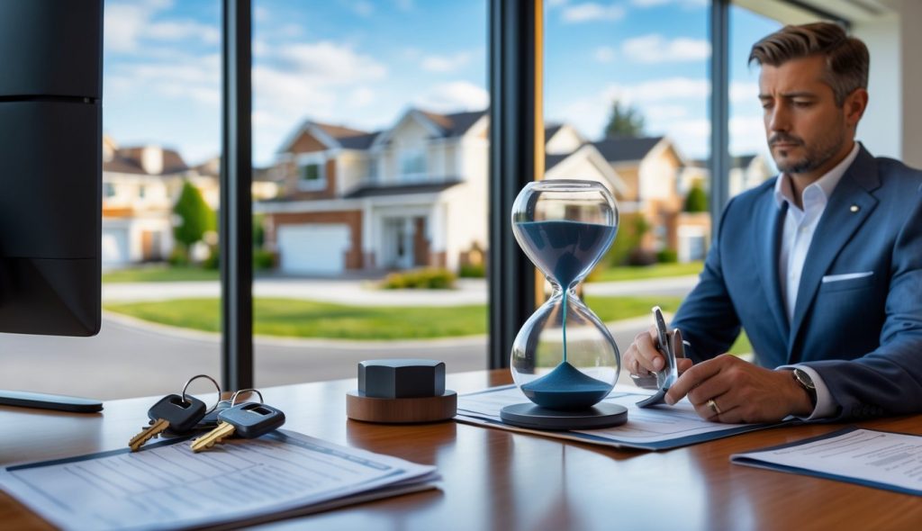 A real estate agent at a desk with an hourglass, documents, and house keys, with houses and for sale signs visible outside a window.
