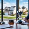 A real estate agent at a desk with an hourglass, documents, and house keys, with houses and for sale signs visible outside a window.