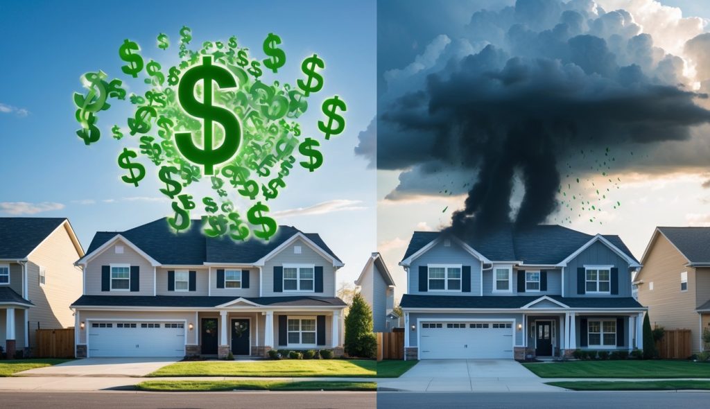 Two rental properties next to each other. One has green floating dollar signs over it indicating unlevered real estate. The other has black storm clouds over it indicating leverage and crushing debt.