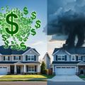 Two rental properties next to each other. One has green floating dollar signs over it indicating unlevered real estate. The other has black storm clouds over it indicating leverage and crushing debt.