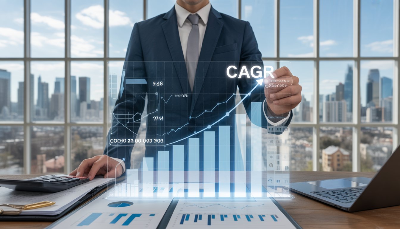 A business professional reviewing real estate market data with graphs and city buildings visible through office windows.