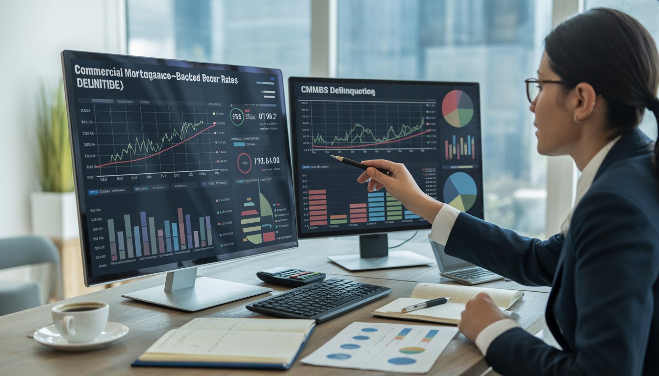 A business professional analyzing financial charts and graphs on multiple computer screens in a modern office.
