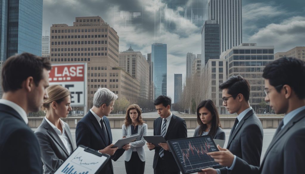 Business professionals discussing financial data in front of office buildings under a cloudy sky, conveying economic uncertainty in commercial real estate.