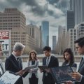 Business professionals discussing financial data in front of office buildings under a cloudy sky, conveying economic uncertainty in commercial real estate.