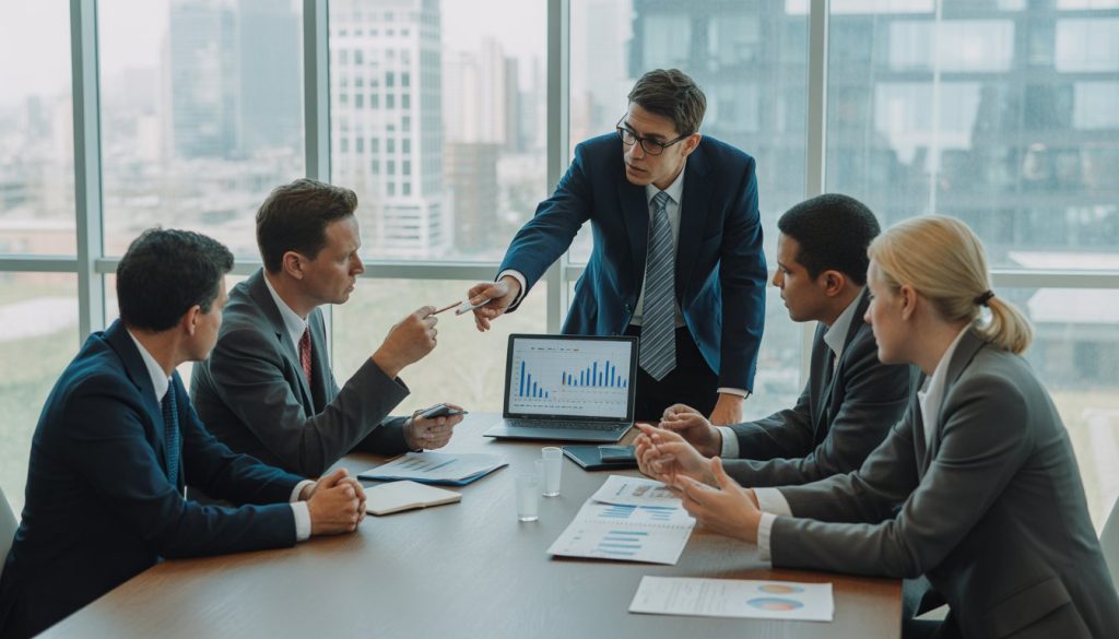 Business professionals in an office discussing financial documents with a city skyline visible through large windows.