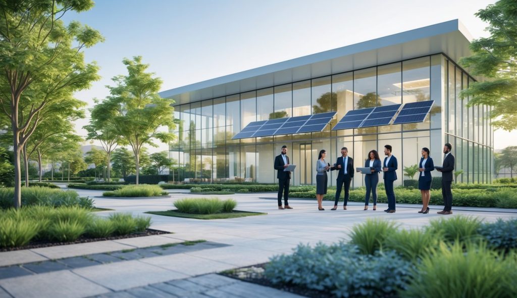 A modern office building with greenery and solar panels, surrounded by business professionals discussing plans outdoors.