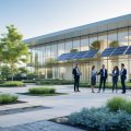 A modern office building with greenery and solar panels, surrounded by business professionals discussing plans outdoors.