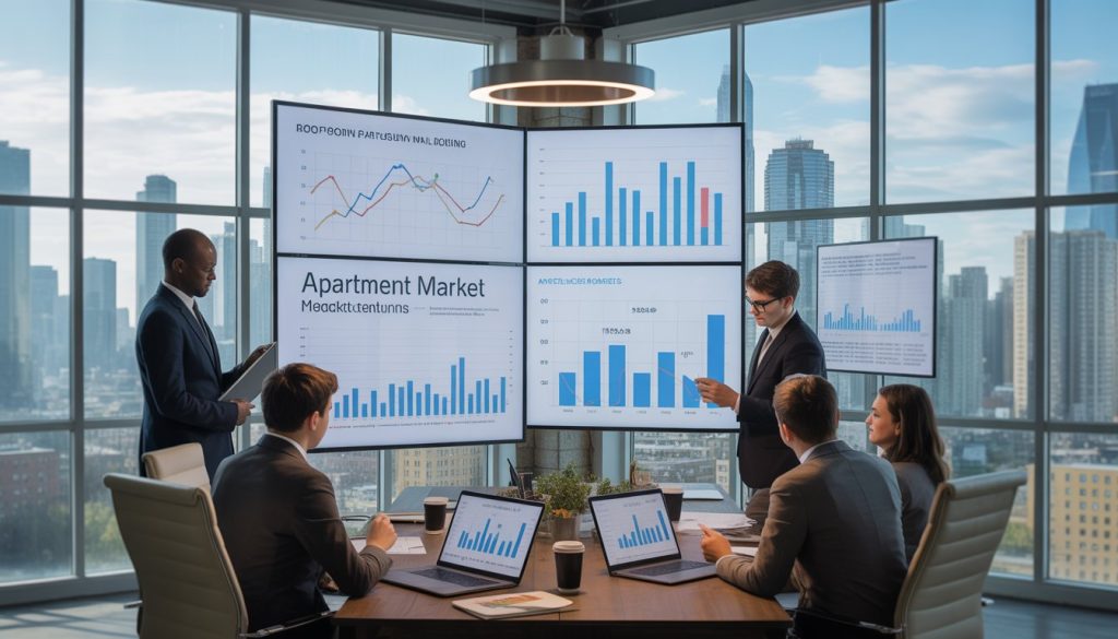 Business professionals reviewing apartment market data on screens and charts in an office with a city skyline visible through large windows.