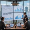Business professionals reviewing apartment market data on screens and charts in an office with a city skyline visible through large windows.