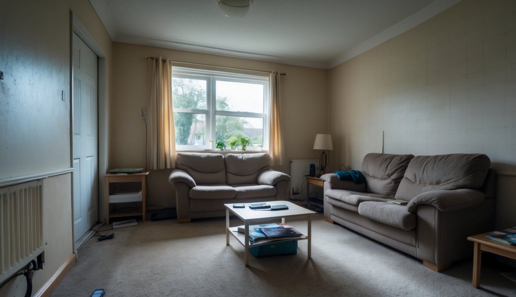 Interior of a modest living room showing signs of wear and tear, with basic furniture and natural light coming through a window.