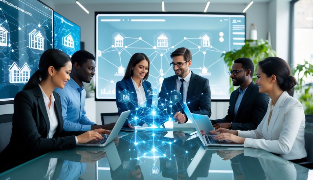 Business professionals collaborating in a modern office with digital devices and transparent screens showing blockchain and property management visuals.