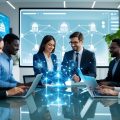 Business professionals collaborating in a modern office with digital devices and transparent screens showing blockchain and property management visuals.
