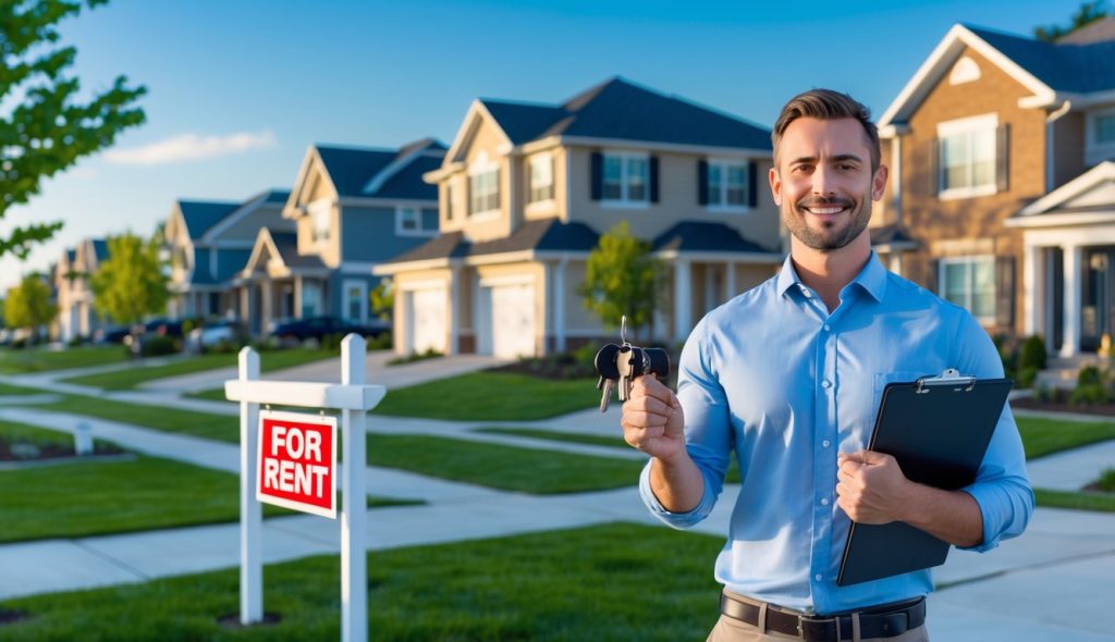 A person holding keys and property documents standing in front of houses in a residential neighborhood.