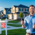 A person holding keys and property documents standing in front of houses in a residential neighborhood.