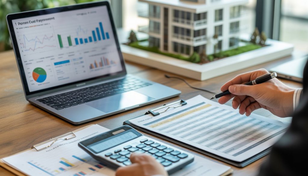A person working at a desk with a laptop, calculator, and spreadsheets related to real estate investment analysis.