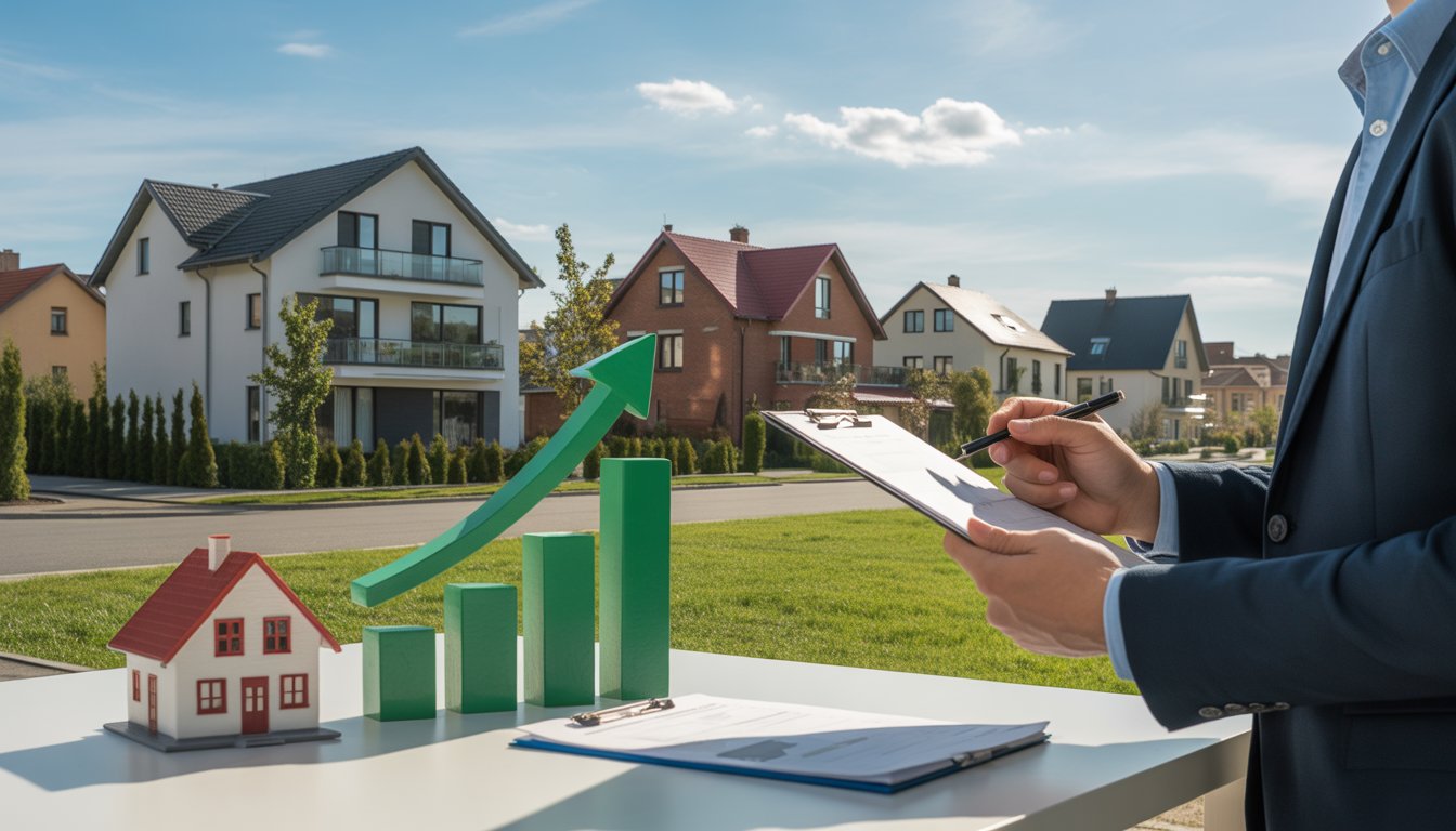 A person reviewing property data outdoors in a residential neighborhood with houses and a rising bar graph symbolizing real estate value growth.