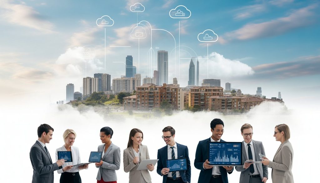 A city skyline with buildings connected by digital cloud icons and business professionals discussing real estate data on tablets and laptops.