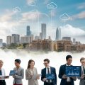 A city skyline with buildings connected by digital cloud icons and business professionals discussing real estate data on tablets and laptops.