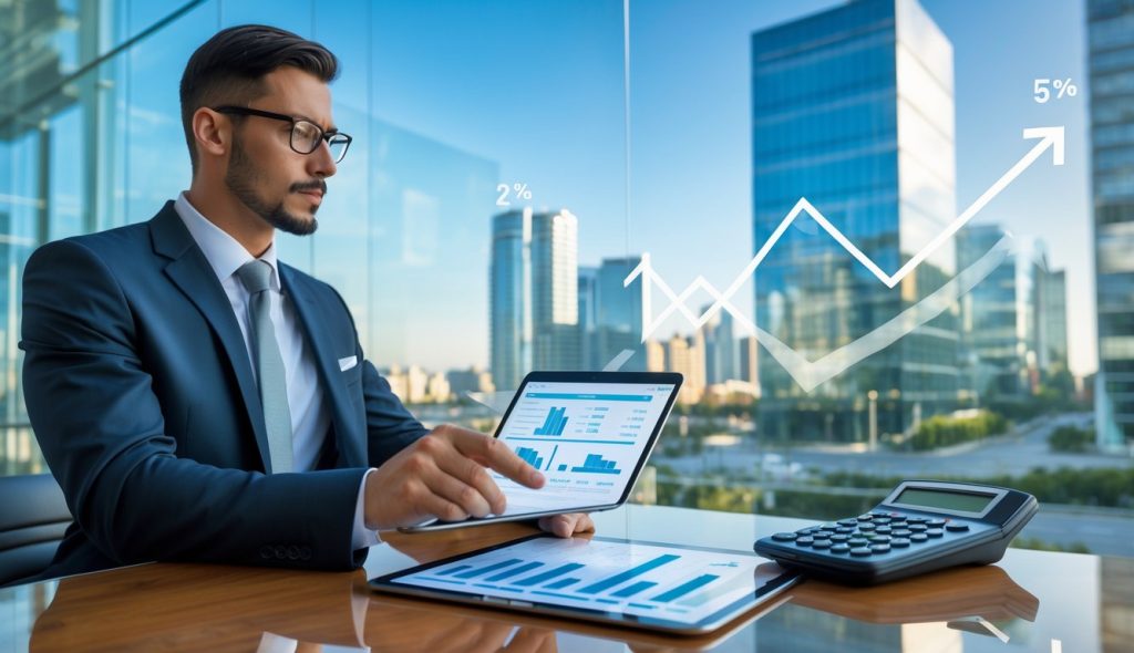 A businessperson reviewing financial documents with a city skyline of commercial buildings in the background.