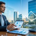 A businessperson reviewing financial documents with a city skyline of commercial buildings in the background.