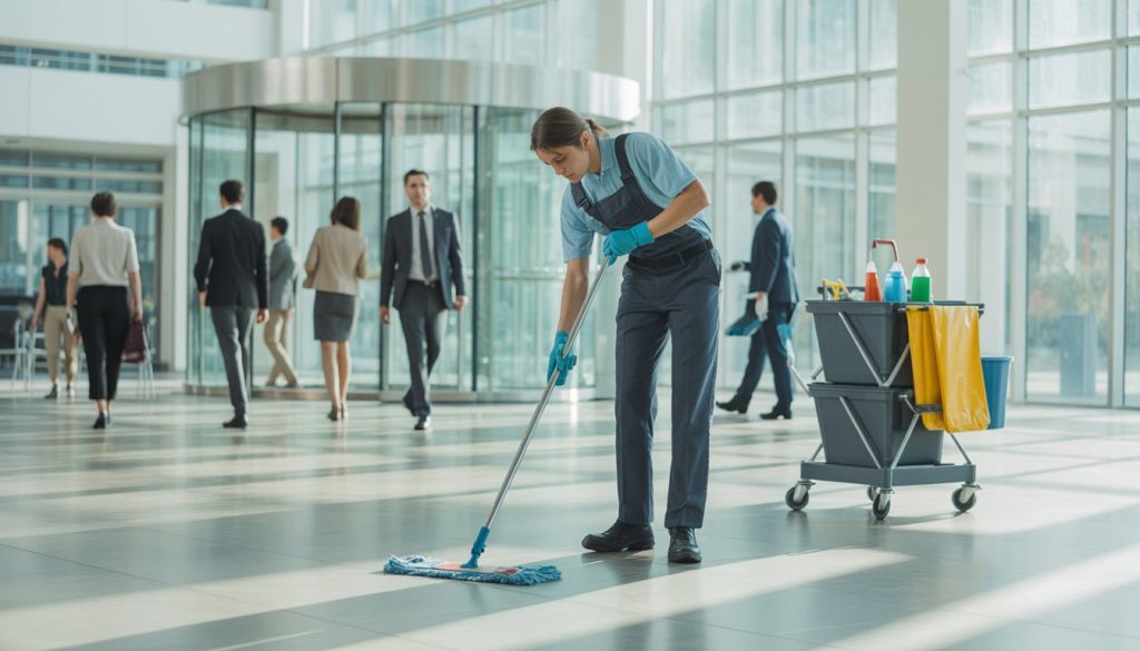 A maintenance worker cleaning the floor in a commercial office building lobby while employees walk through.